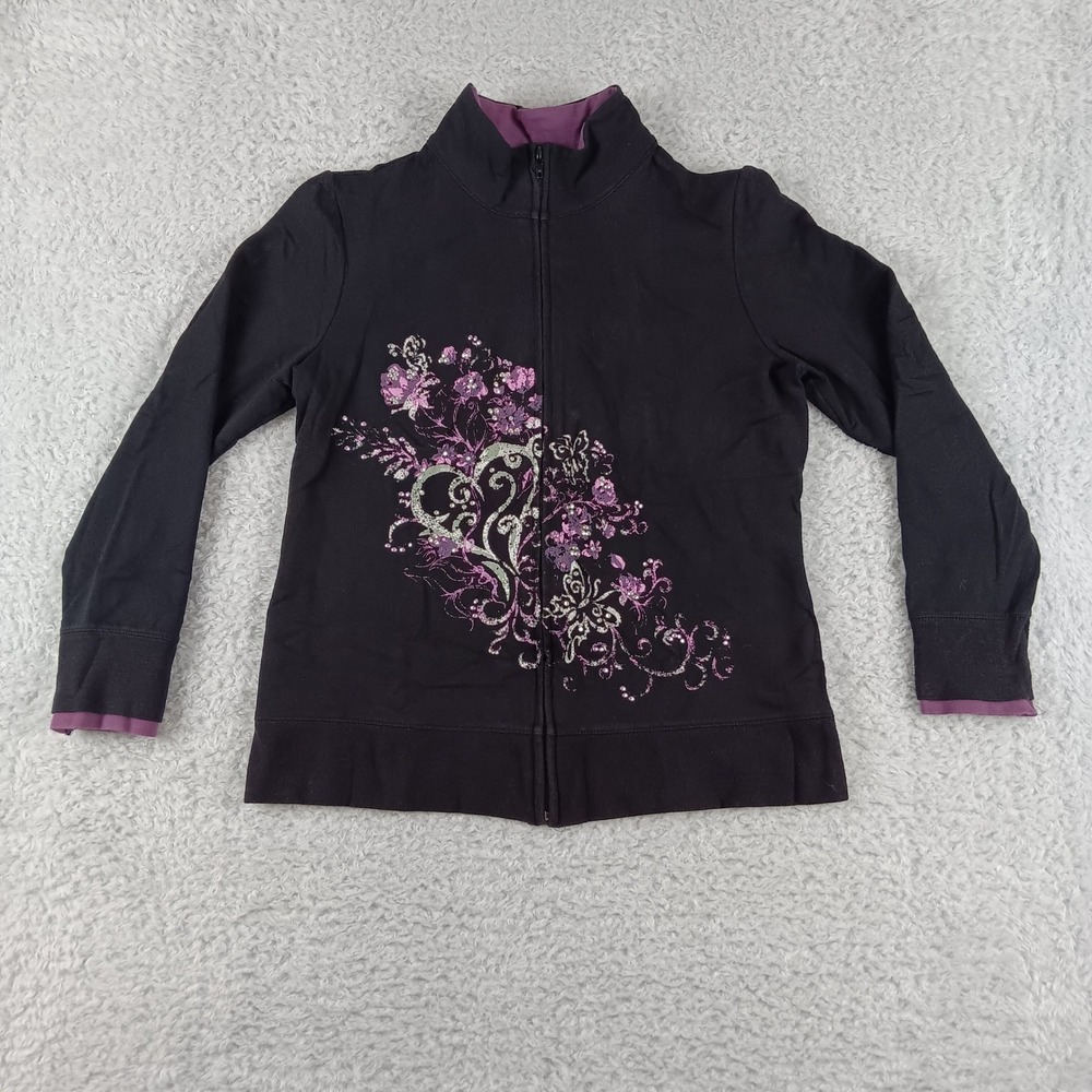 Active Womens Black Purple Floral Heart Glitter Zip Up Track Jacket Medium
